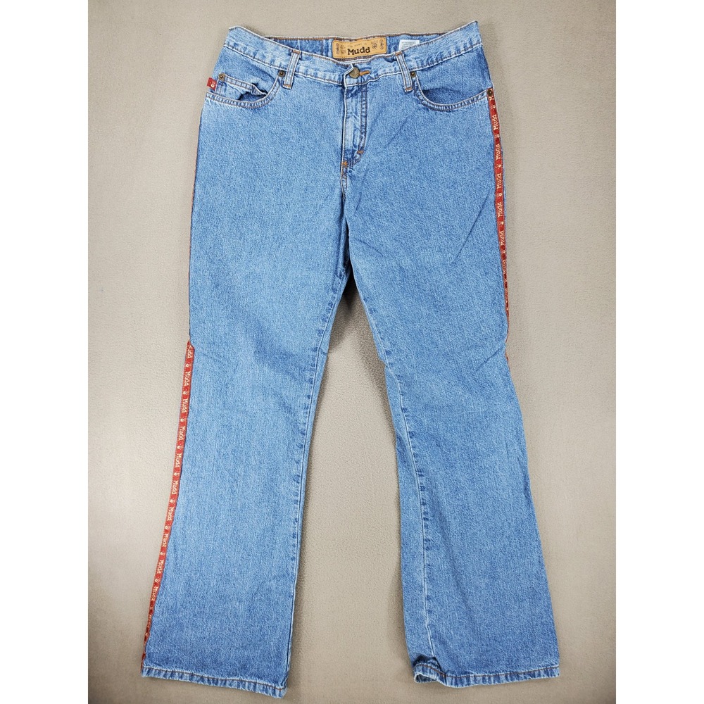 Mudd Jeans Women 13 Blue Vintage Y2K Side Logo Tape Flare Denim 4KT903
